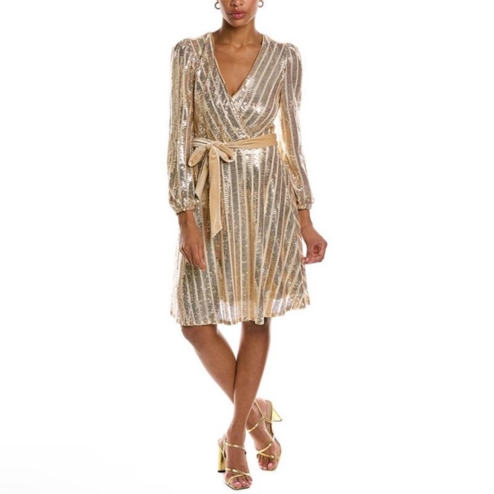 Nanette Lepore Womens Nanette Sequined Midi, long sleeve shiny velvet belted
